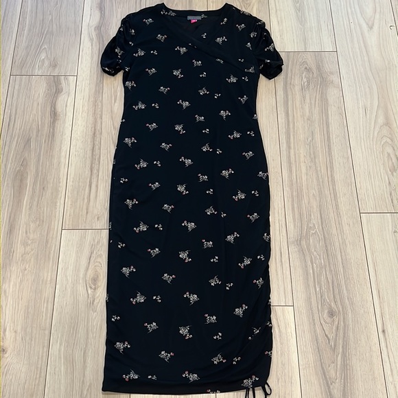 Vince Camuto Stretchy Black Floral Print Ruched Casual Midi Dress - Picture 3 of 9